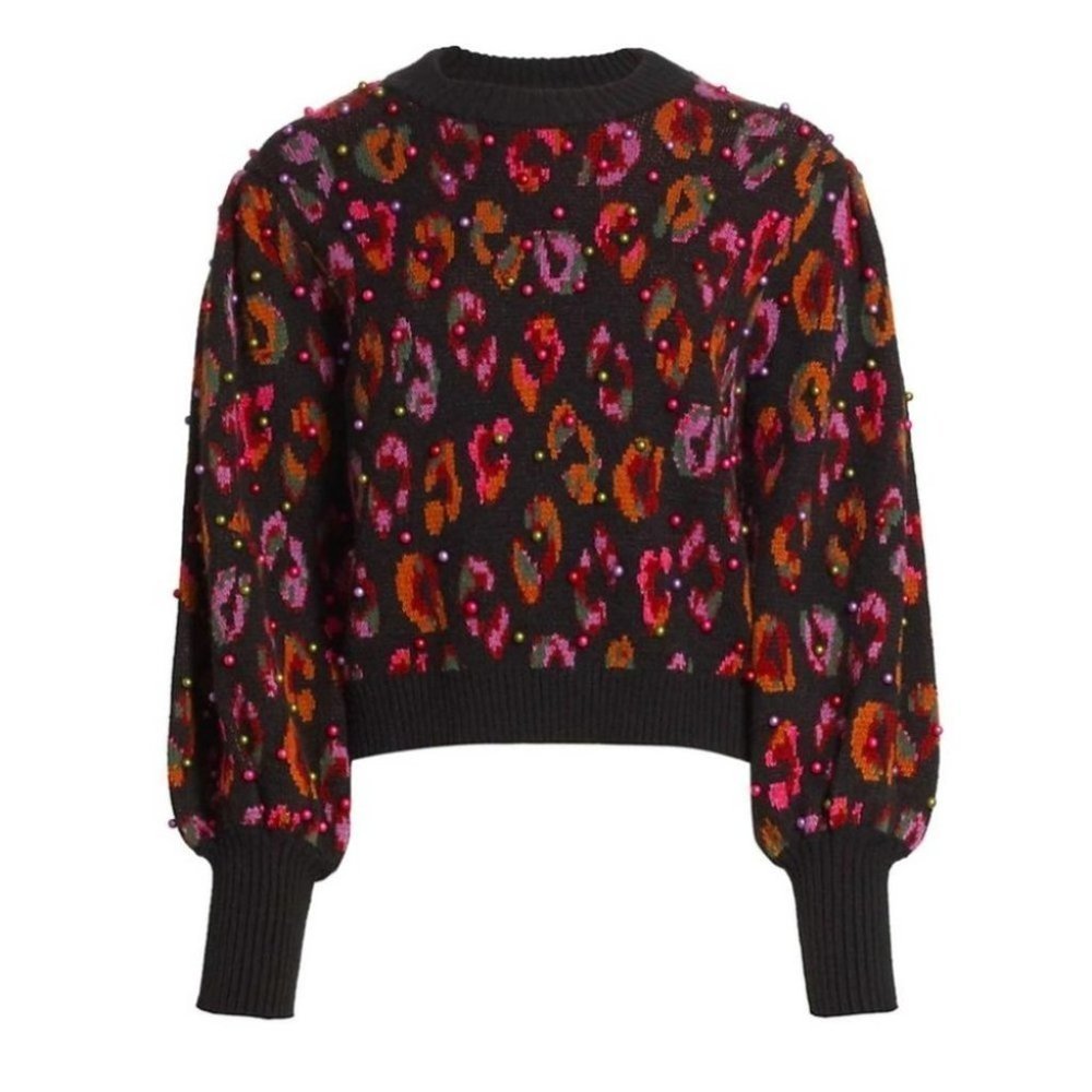 FARM Rio Black Multicolor Leopard-Print Crewneck Sweater